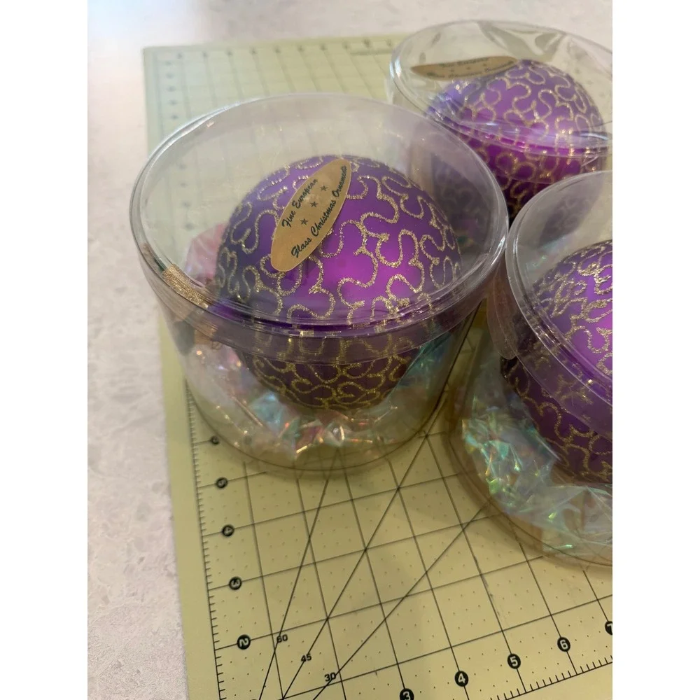 Fine European Glass Christmas Ornaments Purple Gold Glitter Set of 3 Poland.